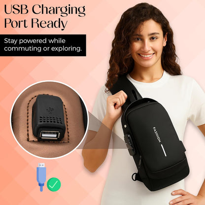 Water-Resistant Anti-Theft Sling Bag with USB Port