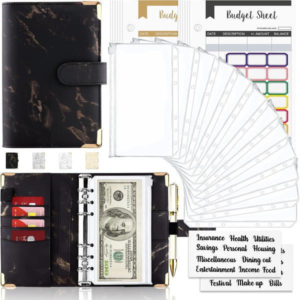 Budget Binder, Cash Envelopes for Budgeting, Money Organizer for Cash, 28Pcs Budget Binder with Cash Envelopes, Marble 6-Ring Money Saving Binder