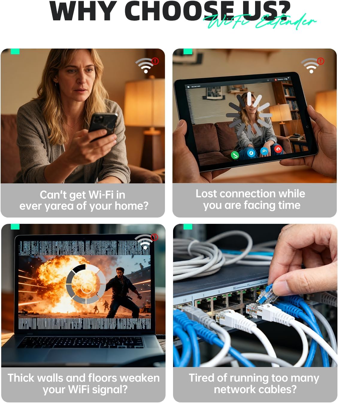 WiFi Extender Signal Booster with Ethernet Port 4 Directional Antennas