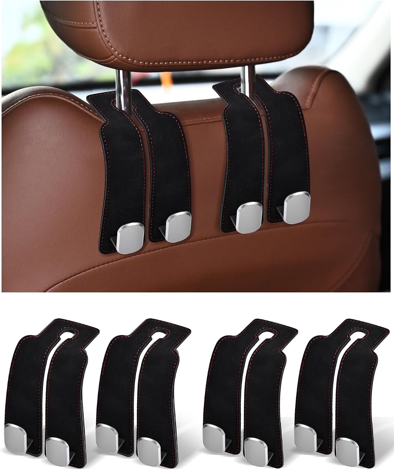 Headrest Hooks for Car, 4 Pack Car Seat Back Organizer Leather Hook