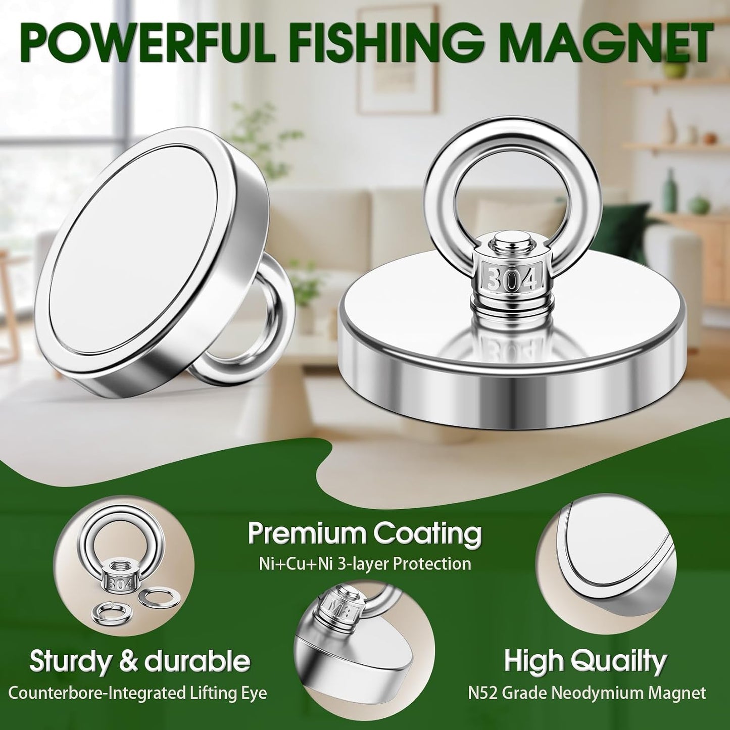 500 lbs Heavy Duty Fishing Magnets with Countersunk Hole