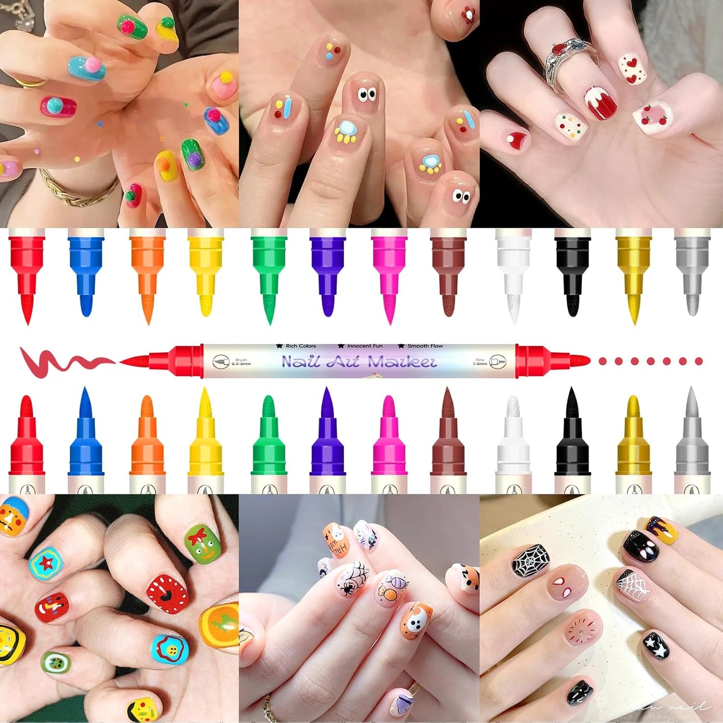 12 Colors Double-Ended Nail Art Markers Set