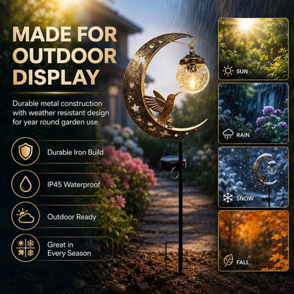 LED Metal Hummingbird Moon Solar Garden Stake Light Waterproof Crescent for Outside Yard Patio Lawn