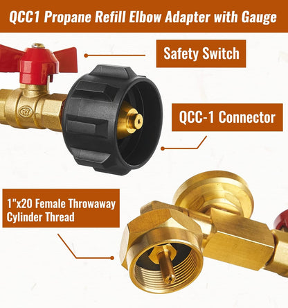 Propane Refill Adapter with Valve and Gauge | Fill 1lb Bottles from 20lb Tank