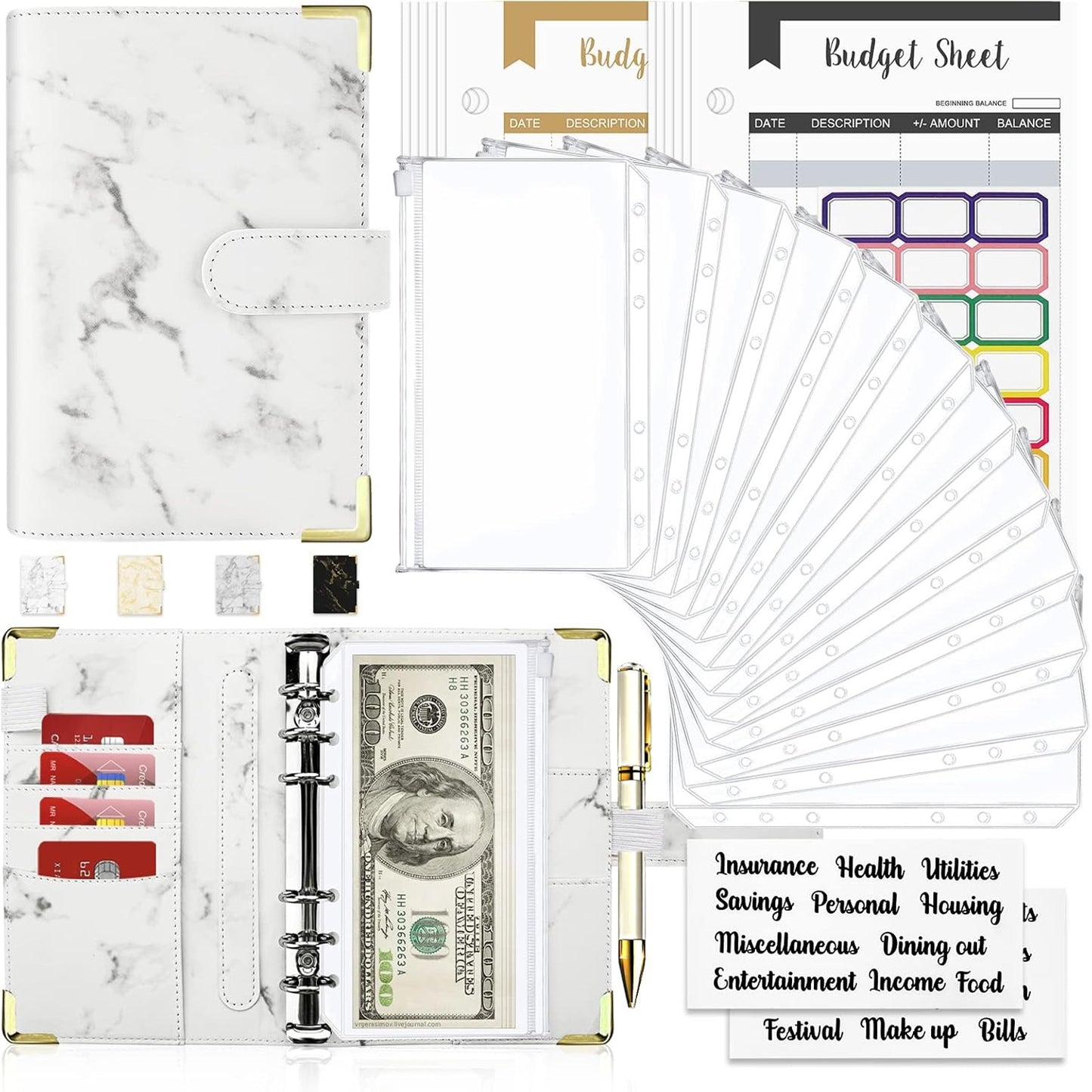 Budget Binder, Cash Envelopes for Budgeting, Money Organizer for Cash, 28Pcs Budget Binder with Cash Envelopes, Marble 6-Ring Money Saving Binder