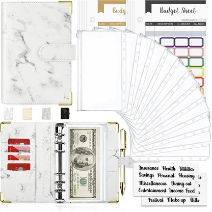 Budget Binder, Cash Envelopes for Budgeting, Money Organizer for Cash, 28Pcs Budget Binder with Cash Envelopes, Marble 6-Ring Money Saving Binder