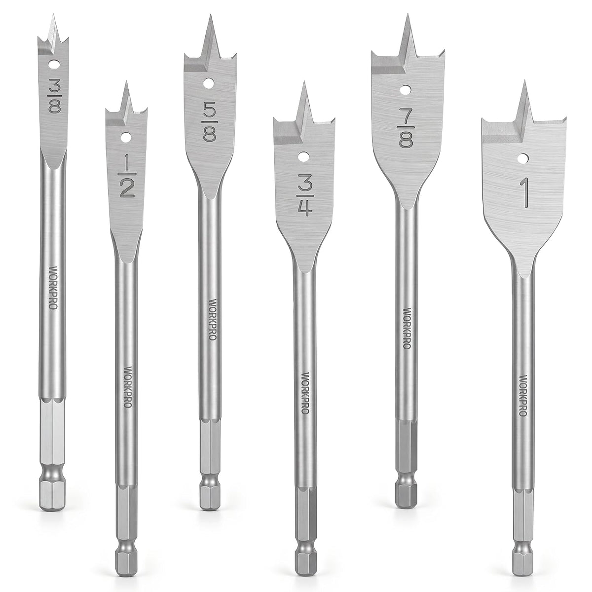 6-Piece Spade Carbon Steel Paddle Bits for Woodworking, 1/4" Hex Shank, 3/8" to 1"