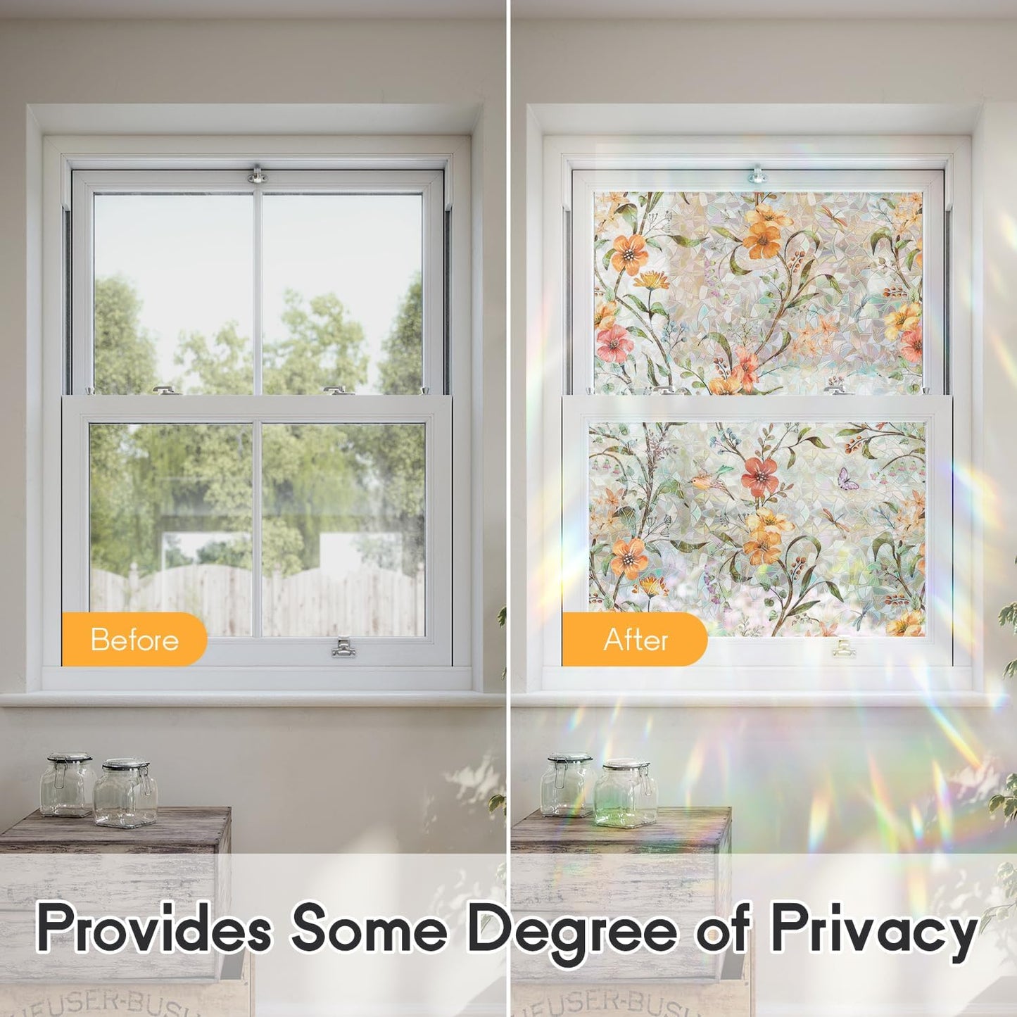 Sunroof Stained Glass Window Film, Decorative Rainbow Wildflower Static Window Clings