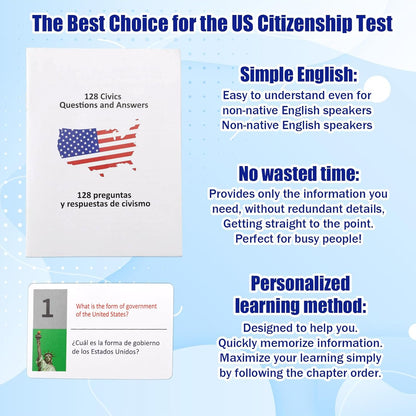 US Citizenship Flash Cards 2026, Bilingual English/Spanish 128 Civics Questions and Answers Test Flashcards