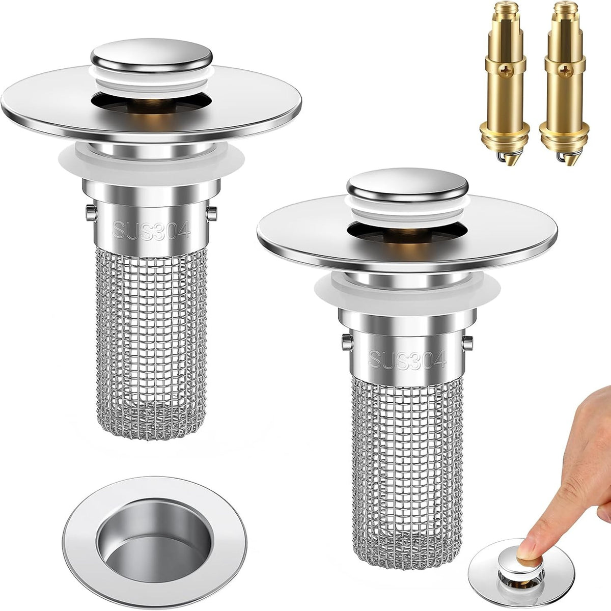 2PCS Pop-Up Bathroom Sink Drain Strainer with Removable Stainless Steel Hair Catcher Basket