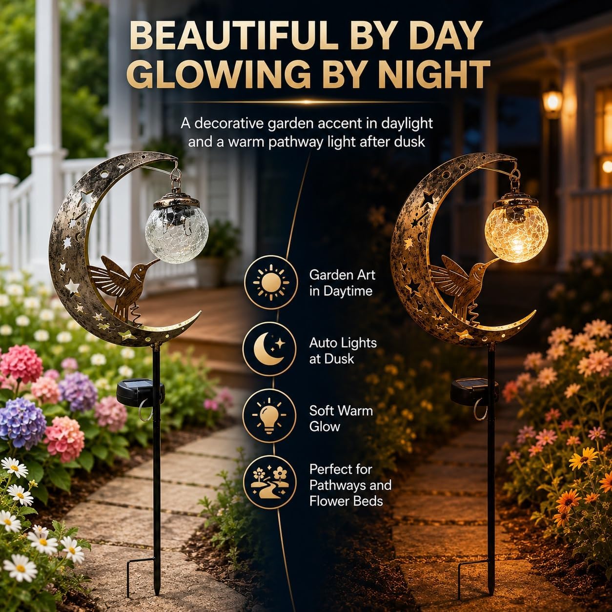 LED Metal Hummingbird Moon Solar Garden Stake Light Waterproof Crescent for Outside Yard Patio Lawn