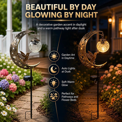 LED Metal Hummingbird Moon Solar Garden Stake Light Waterproof Crescent for Outside Yard Patio Lawn