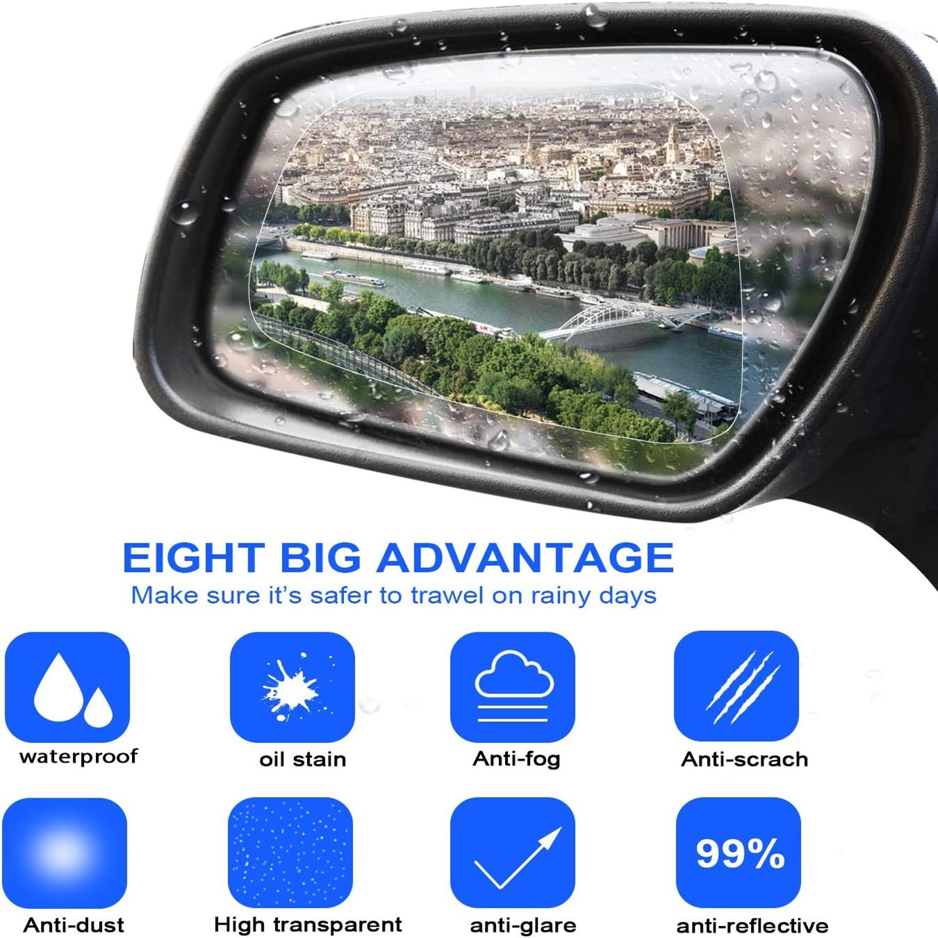 8 Pieces Car Rearview Mirror Film, Anti Fog Glare Rainproof Waterproof Mirror HD Clear Nano Coating Car Film