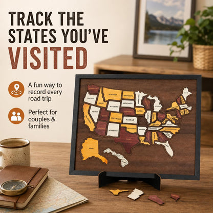 50 State Pieces Wooden USA Travel Map Puzzle with Stand