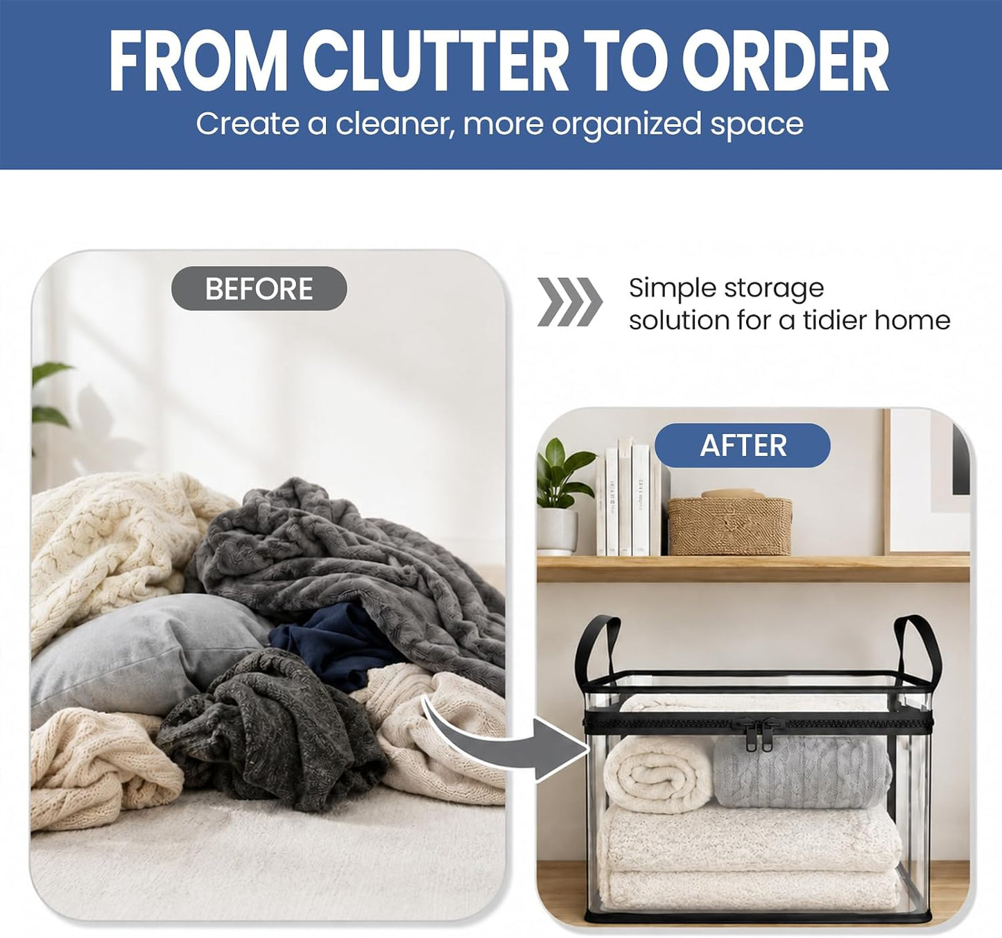 2 Pack Large Clear Thick Plastic Storage Box with Hinged Lid. for Clothes, Blankets and Books