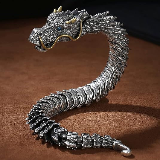 Vintage Dragon Head Sliver Domineering Handmade Bracelet for Men