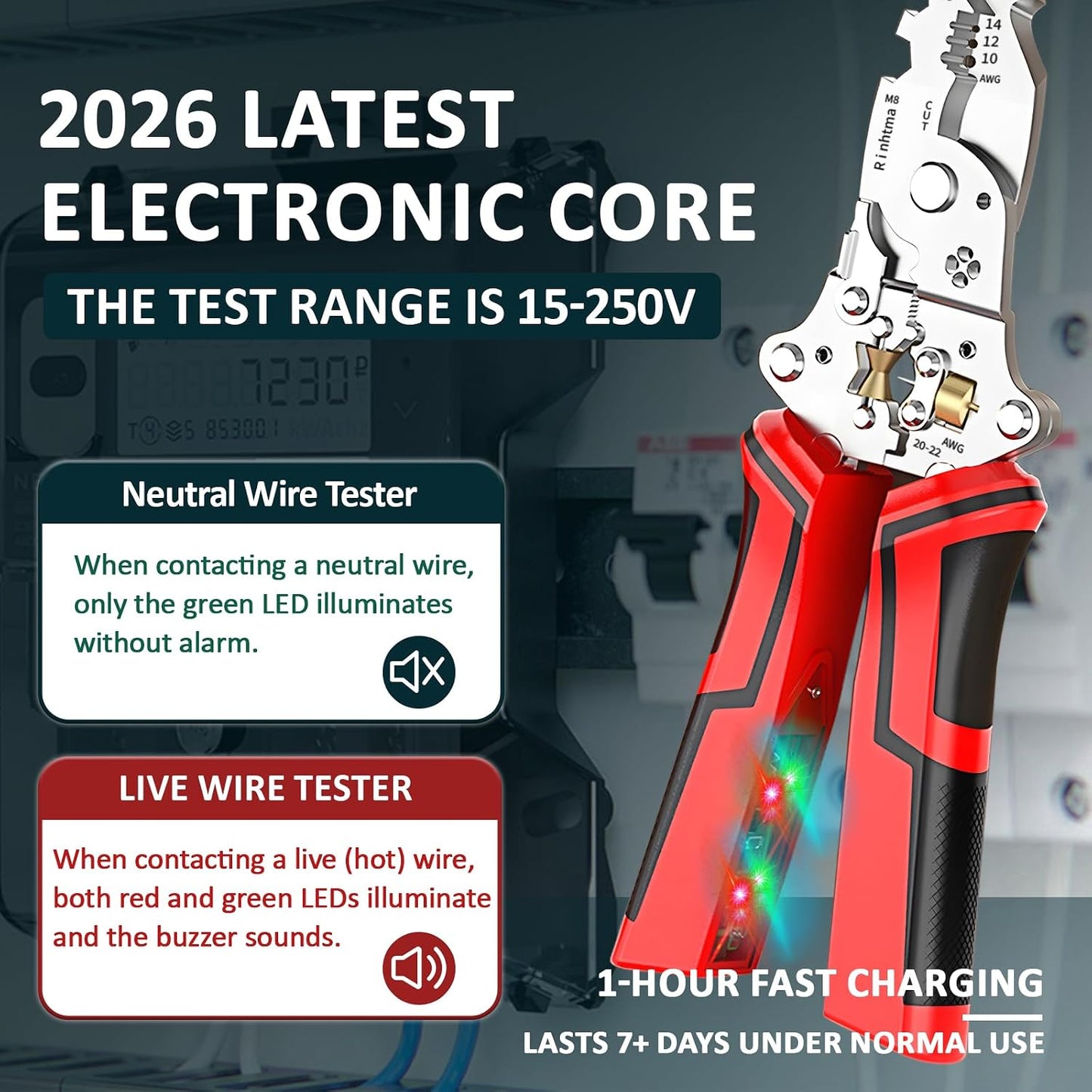 14-in-1 Wire Stripper with Rechargeable Voltage Detection & Alarm