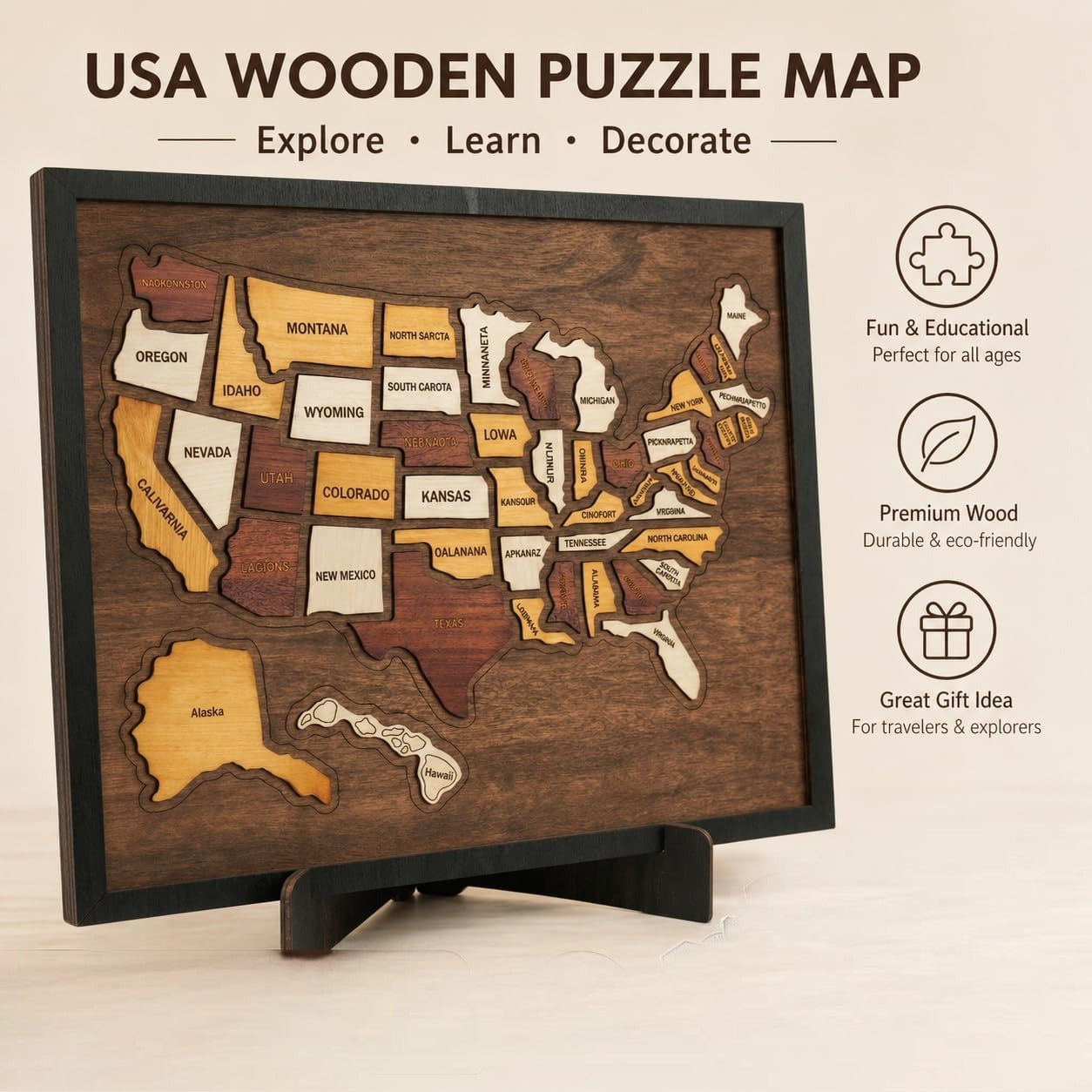 50 State Pieces Wooden USA Travel Map Puzzle with Stand