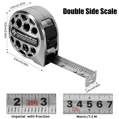 Stainless Steel Tape Measure 25Ft/7.5M Double Side Scale Metric & Imperial