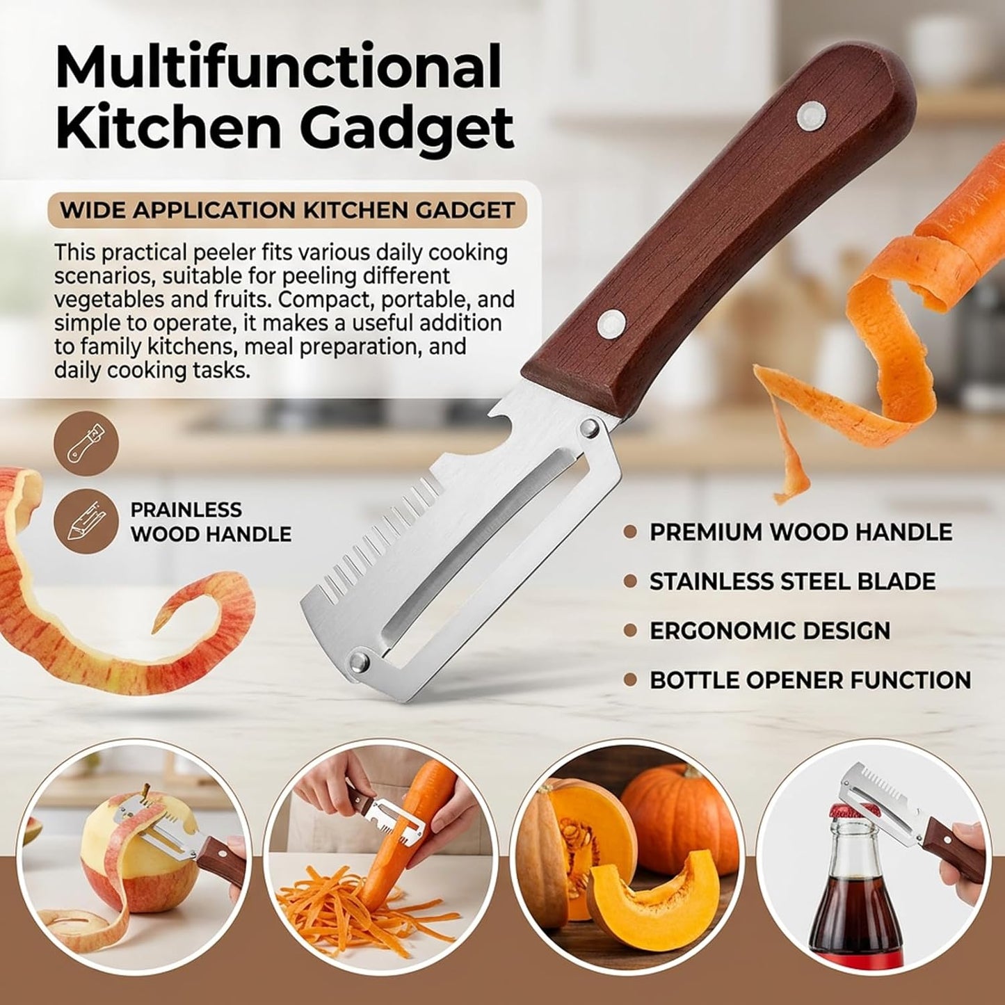 Wooden Handle Multifunctional Kitchen Vegetable Peeler