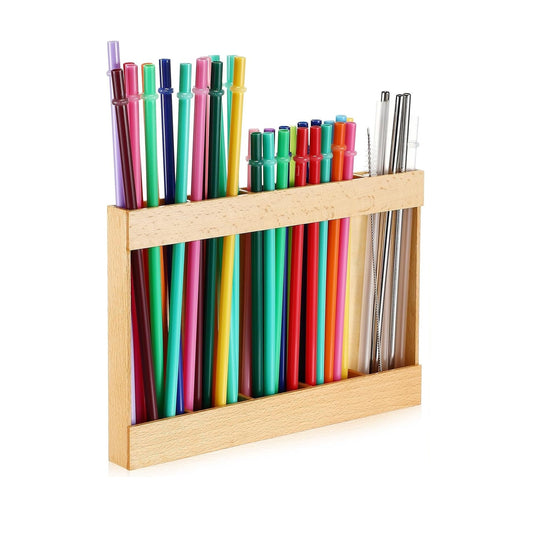 Wooden Straw Holder for Cabinet Door with Double Sided Adhesive Tape Tumbler Straw Organizer