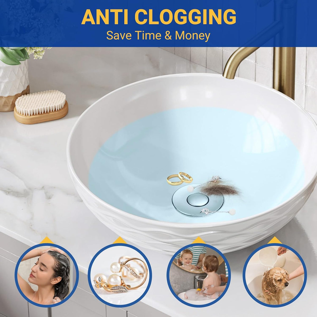 2PCS Pop-Up Bathroom Sink Drain Strainer with Removable Stainless Steel Hair Catcher Basket