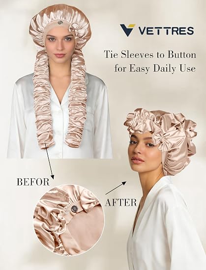 Heatless Curl Satin Bonnet for Sleeping, No Slip Sleep Bonnet with Long Curling Ribbons