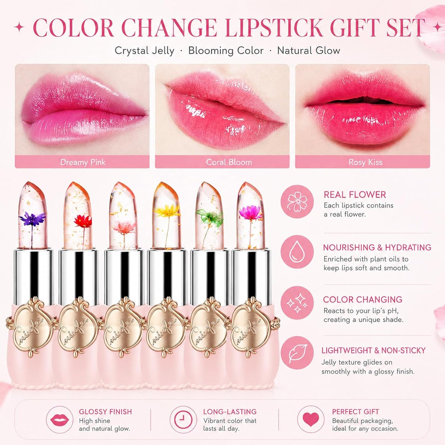 3 Pack Crystal Jelly Flower Magic Temperature Color Change Lipstick