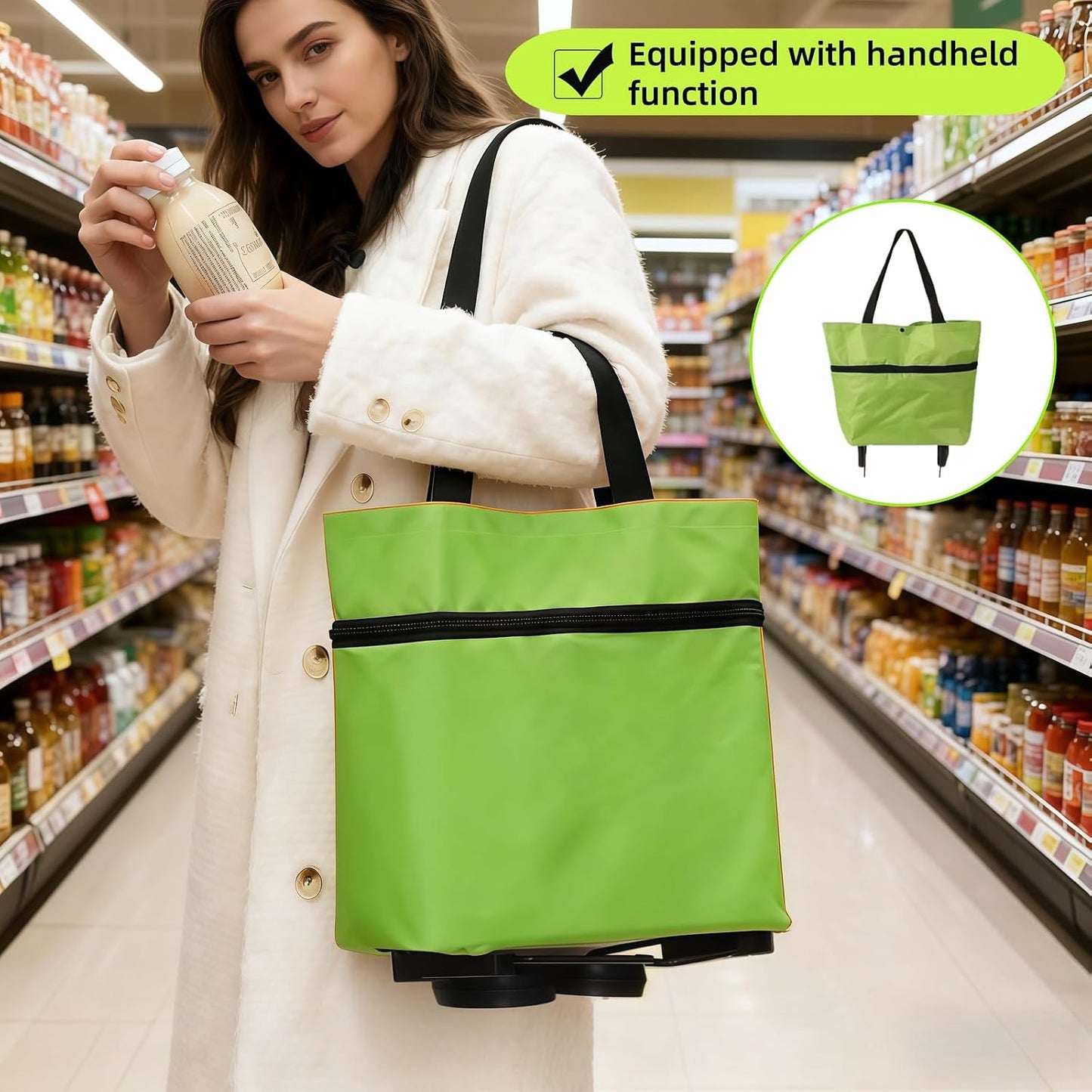 2-in-1 Foldable Shopping Cart with Wheels,Waterproof & Sturdy Grocery Bag Hand Truck