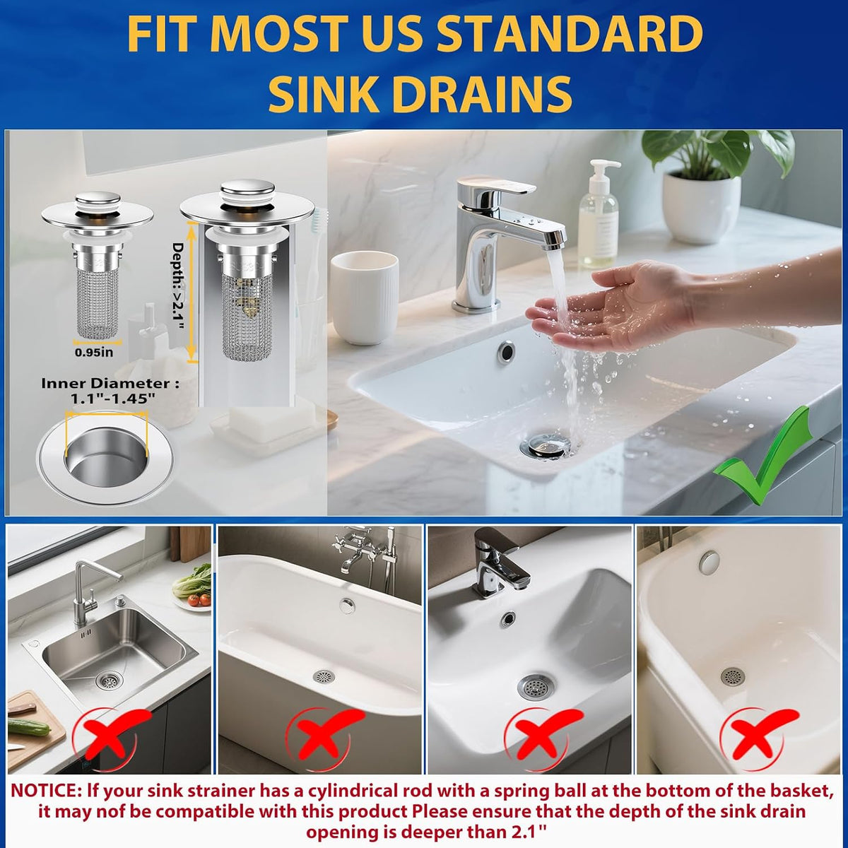 2PCS Pop-Up Bathroom Sink Drain Strainer with Removable Stainless Steel Hair Catcher Basket