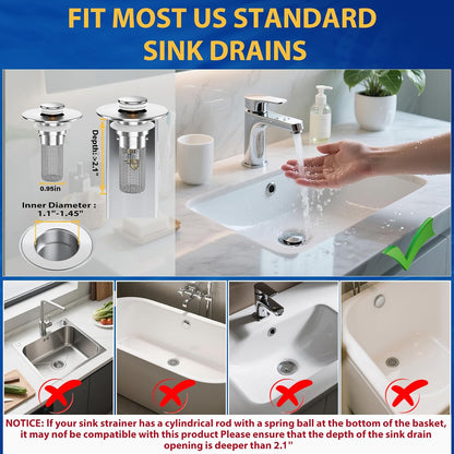 2PCS Pop-Up Bathroom Sink Drain Strainer with Removable Stainless Steel Hair Catcher Basket