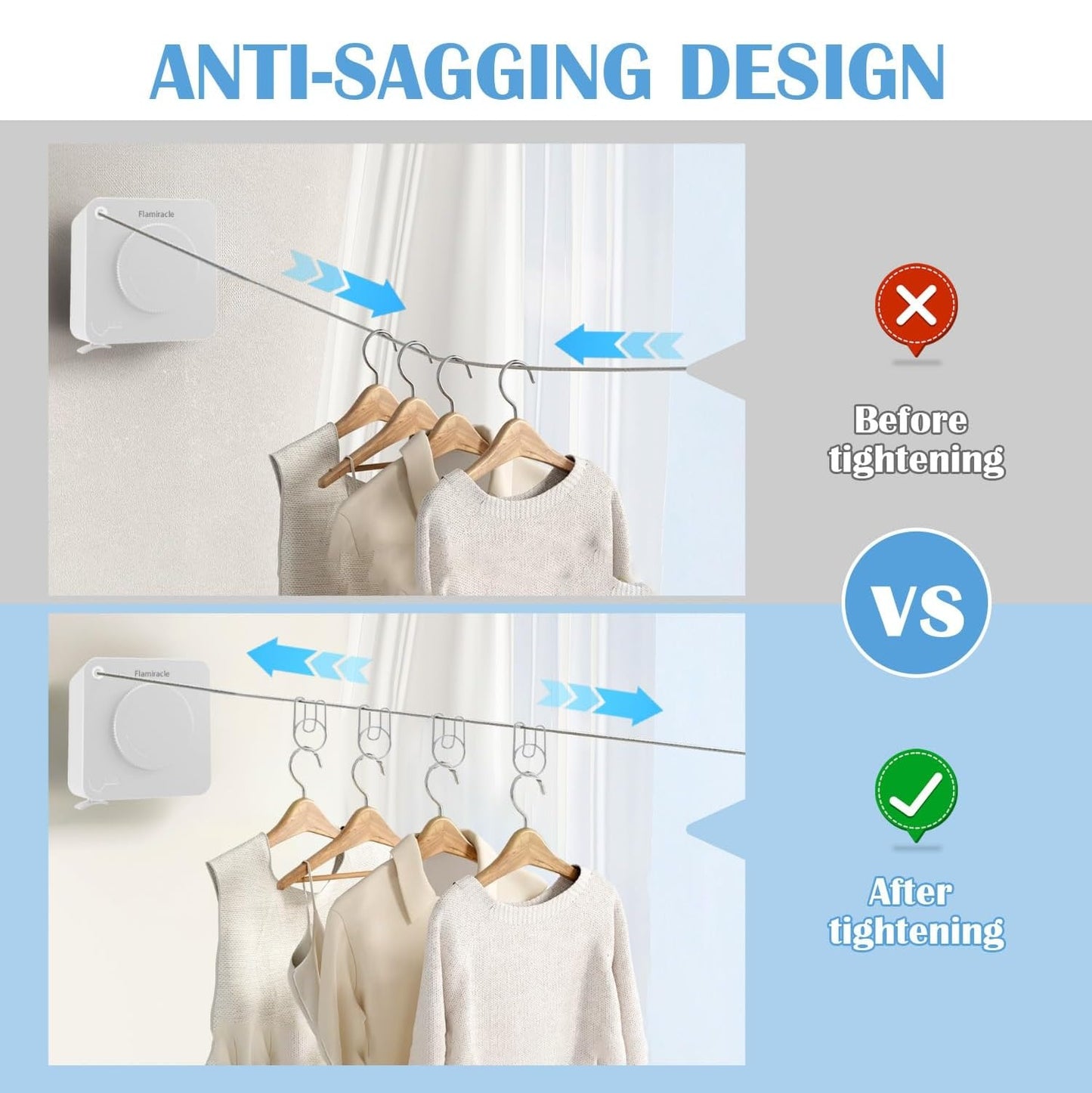 Retractable Clothesline Indoor, Non-Sagging Outdoor Clothes Line Retracting 15.7 Feet