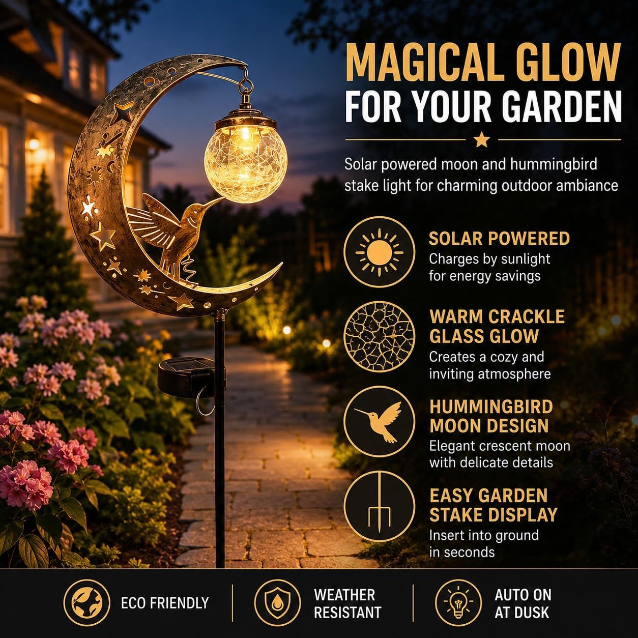 LED Metal Hummingbird Moon Solar Garden Stake Light Waterproof Crescent for Outside Yard Patio Lawn