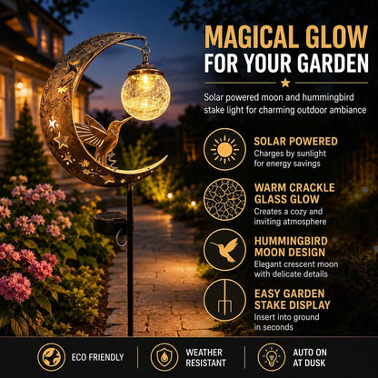 LED Metal Hummingbird Moon Solar Garden Stake Light Waterproof Crescent for Outside Yard Patio Lawn