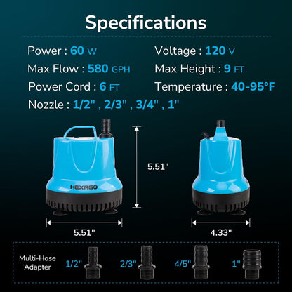 580GPH Submersible Water Fountain Pump, 60W Small Sump Pump with 9FT High Lift