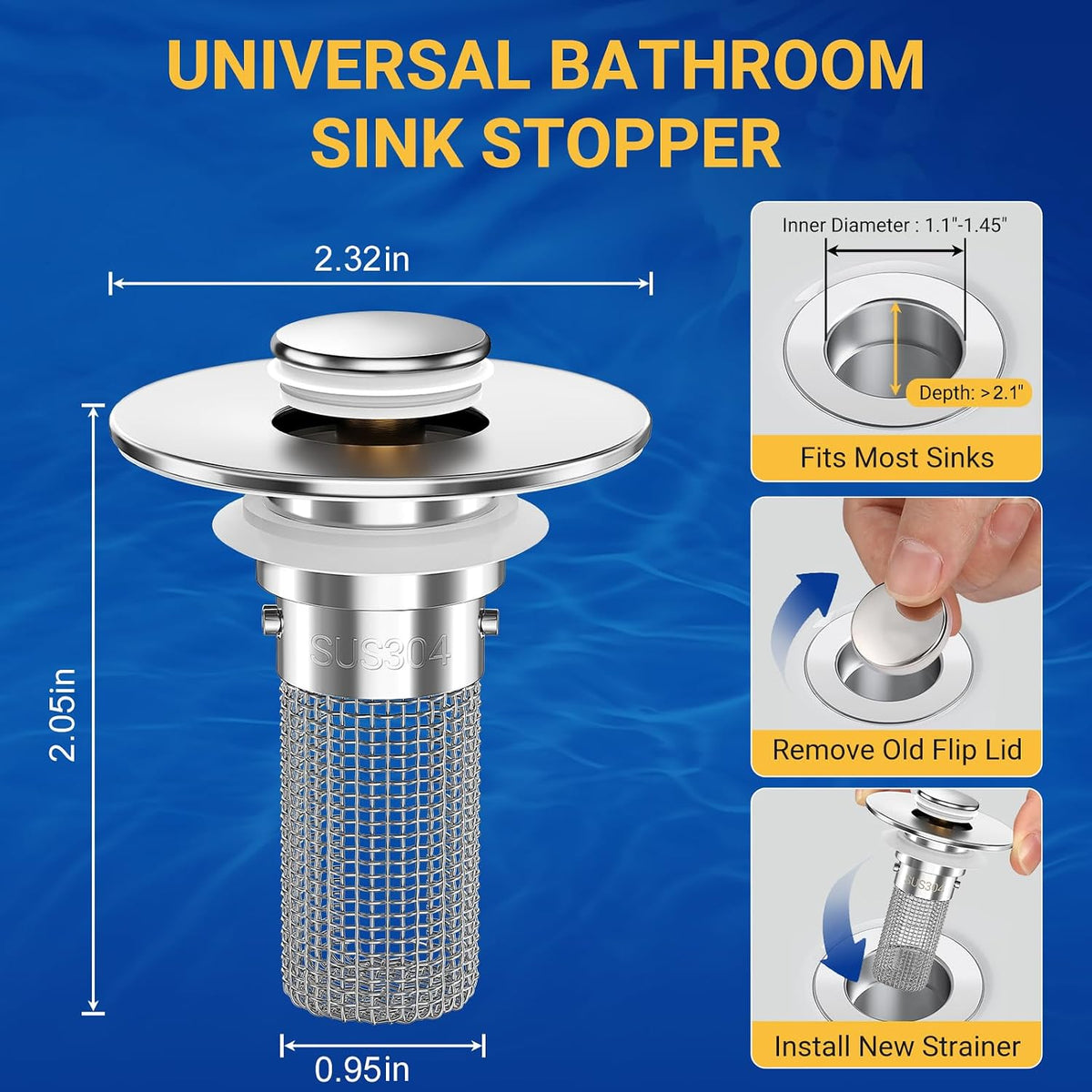 2PCS Pop-Up Bathroom Sink Drain Strainer with Removable Stainless Steel Hair Catcher Basket