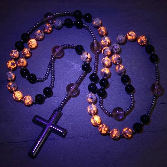 Kigeli Yooperlite Stone Rosary Necklace UV Glowing (Flashing Flame Under UV)