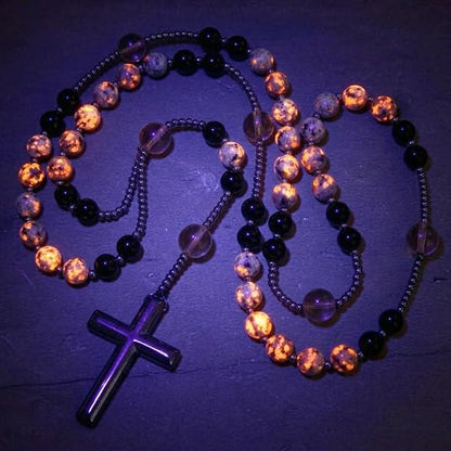 Kigeli Yooperlite Stone Rosary Necklace UV Glowing (Flashing Flame Under UV)