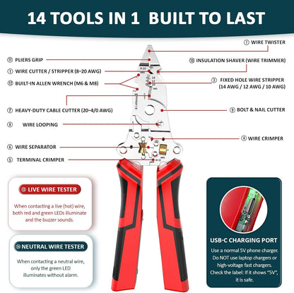 14-in-1 Wire Stripper with Rechargeable Voltage Detection & Alarm