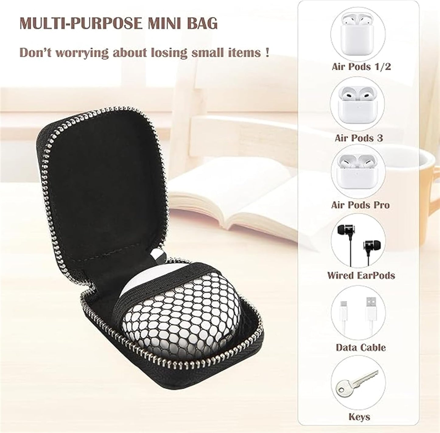 PU Leather Zipper Carrying Pouch Earbuds Bag with Keychain
