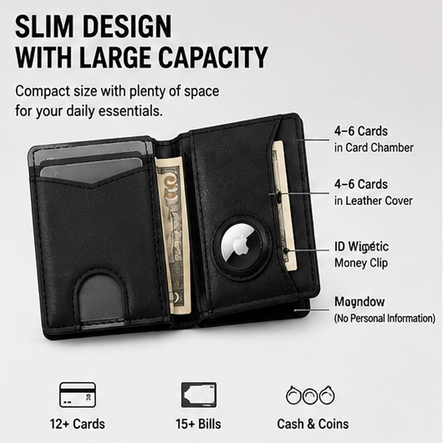 Slim Minimalist RFID Leather Wallet Pop Up Card Holder for Cash Coins & Credit Cards