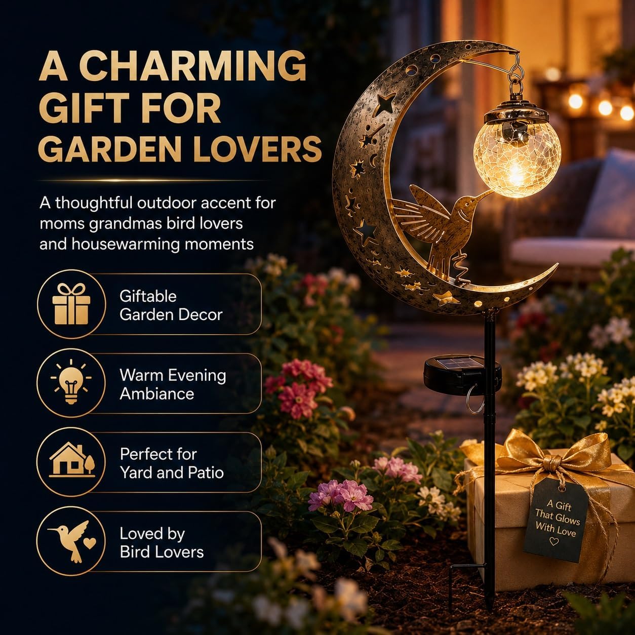 LED Metal Hummingbird Moon Solar Garden Stake Light Waterproof Crescent for Outside Yard Patio Lawn