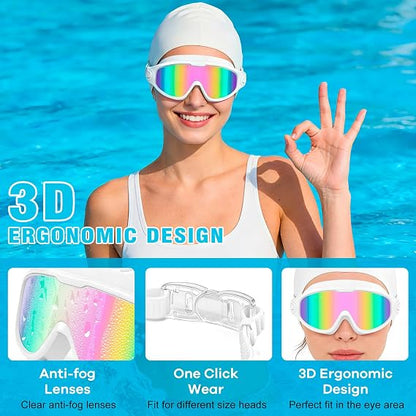 Adult Large Swim Goggles, Wide View, Anti Fog UV Protection & No Leak Design