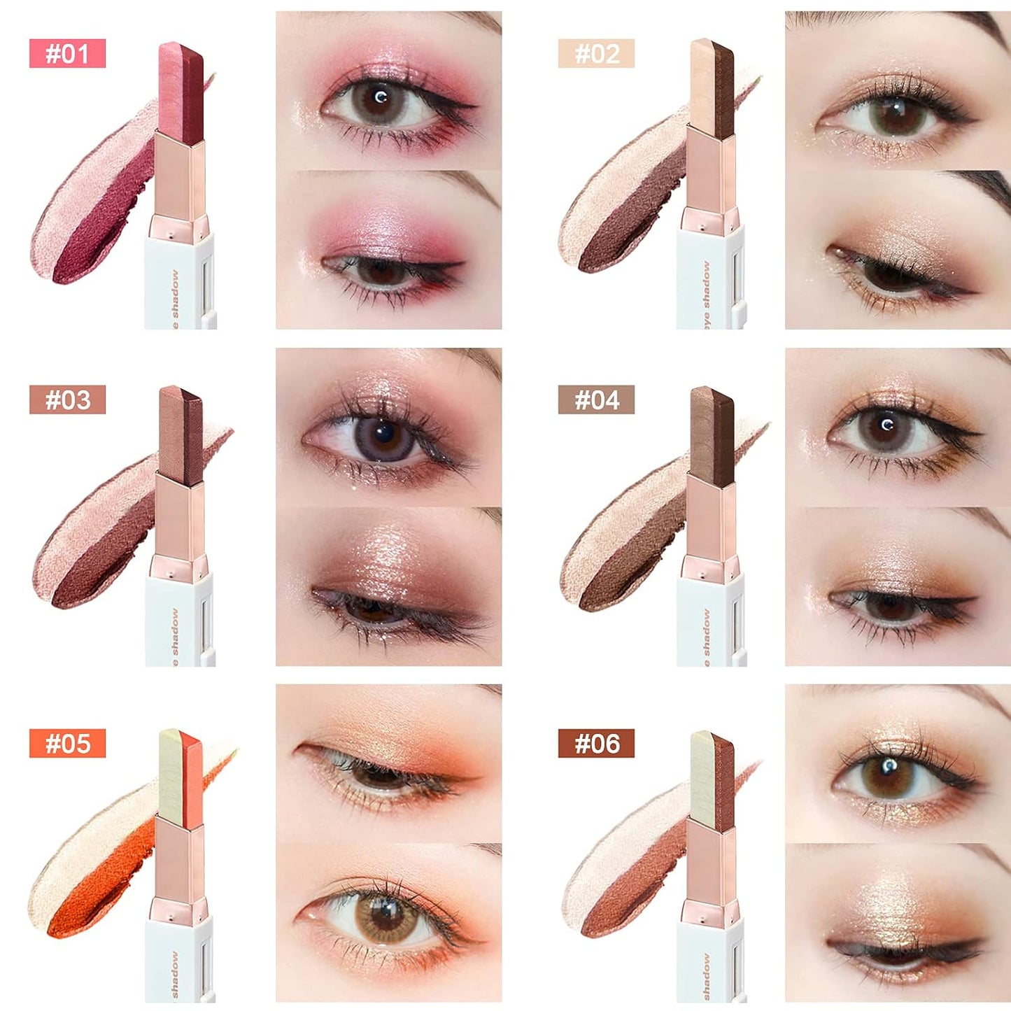 6PCS Glitter Eye-shadow Stick Set, Two-Tone Shimmer Gradient Shadow