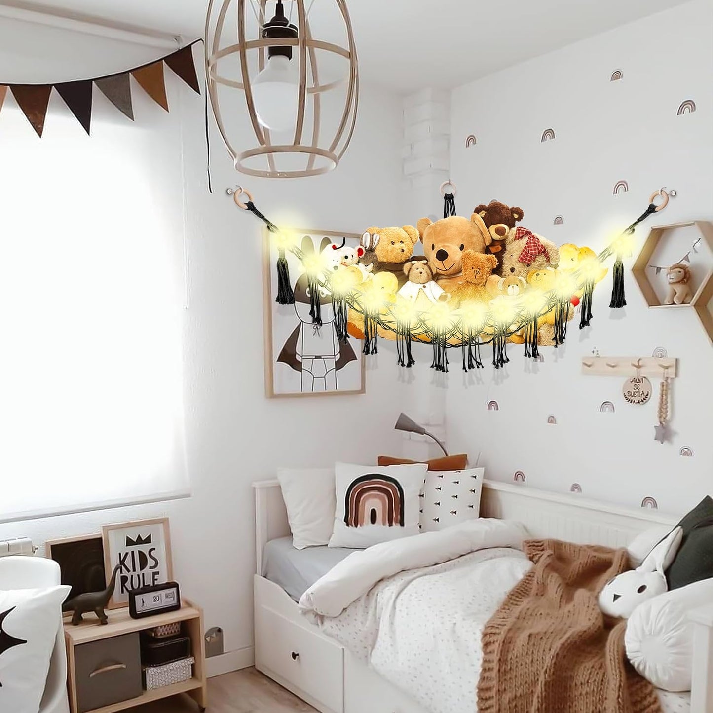 Hand-knitted Large Plushie Net Toy Hammock with Wooden Rings