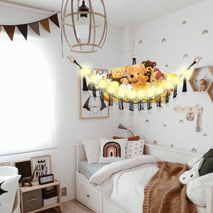 Hand-knitted Large Plushie Net Toy Hammock with Wooden Rings