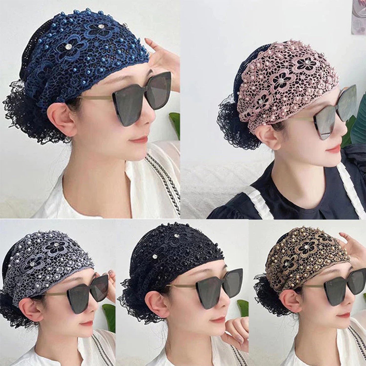6Pcs Vintage Ethnic Floral Bead Lace Headband with Wide Edges