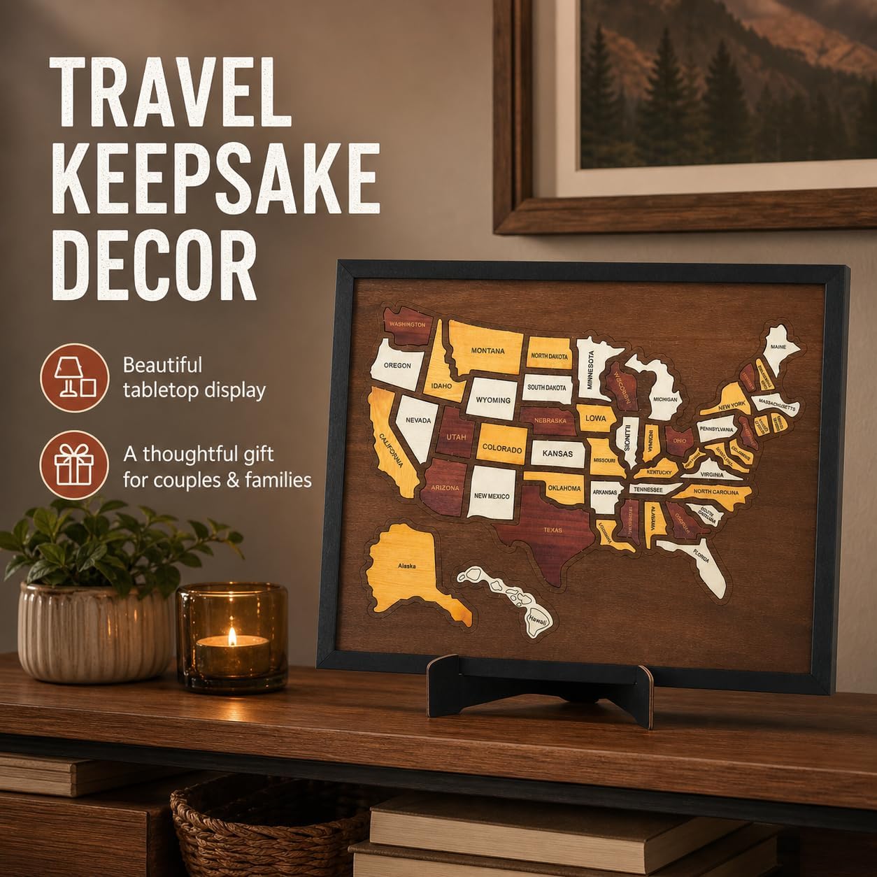 50 State Pieces Wooden USA Travel Map Puzzle with Stand