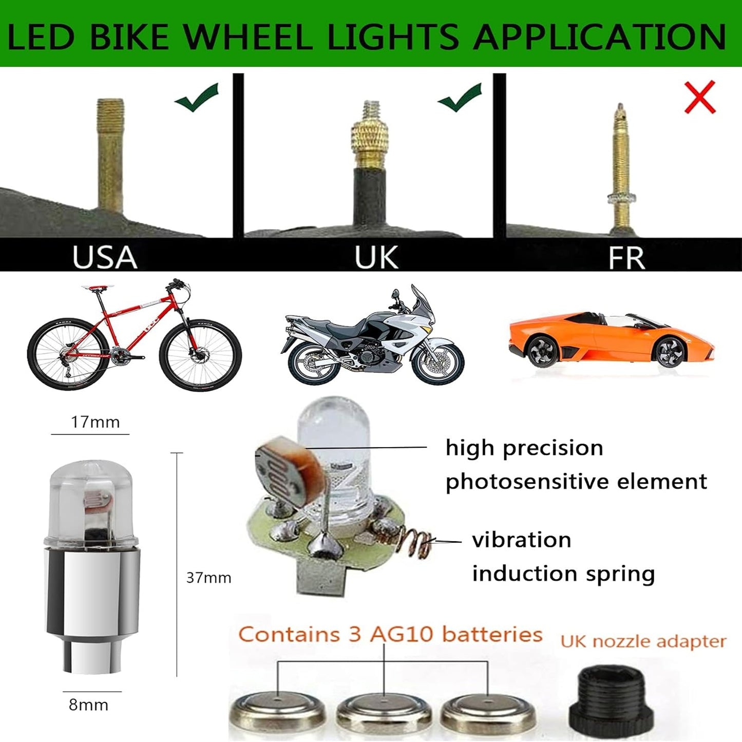 8 Pack LED Valve Stem Caps Lights for Car Tires Wheel
