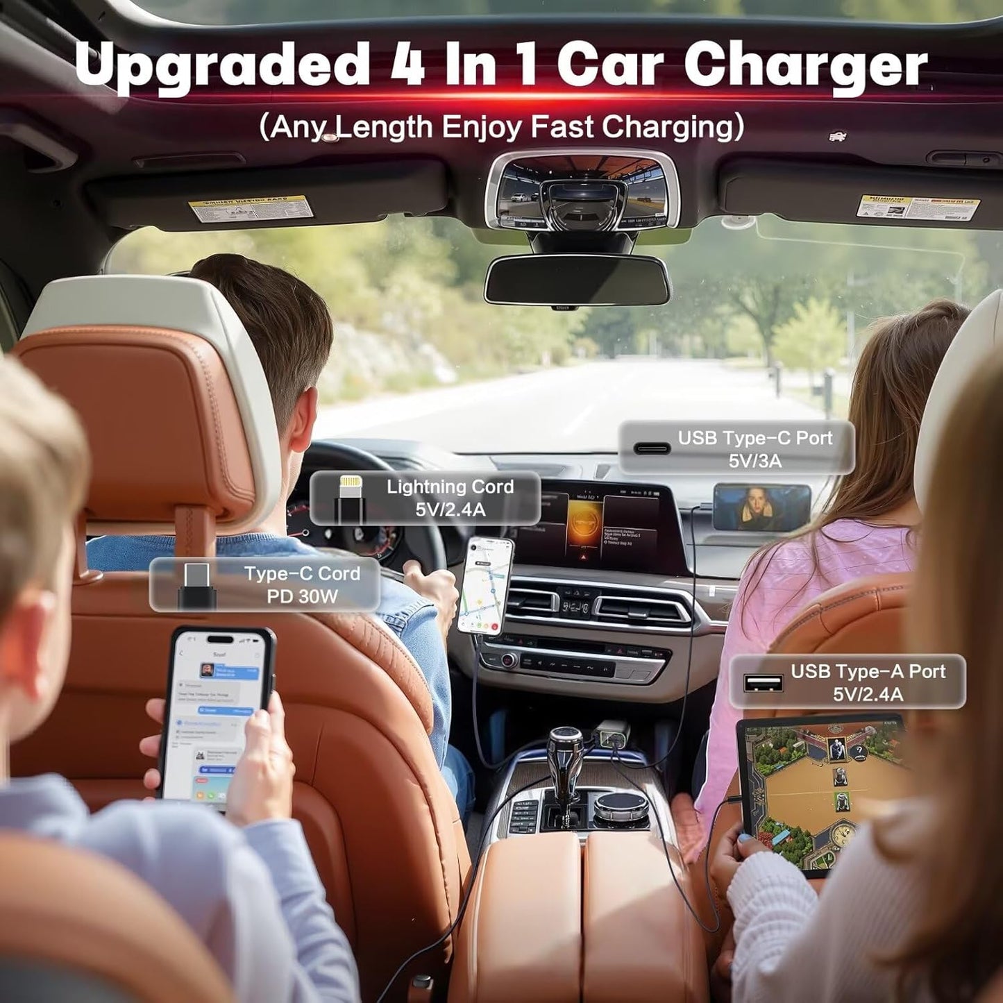 4 in 1 Retractable Car 120W Charger with Starlight